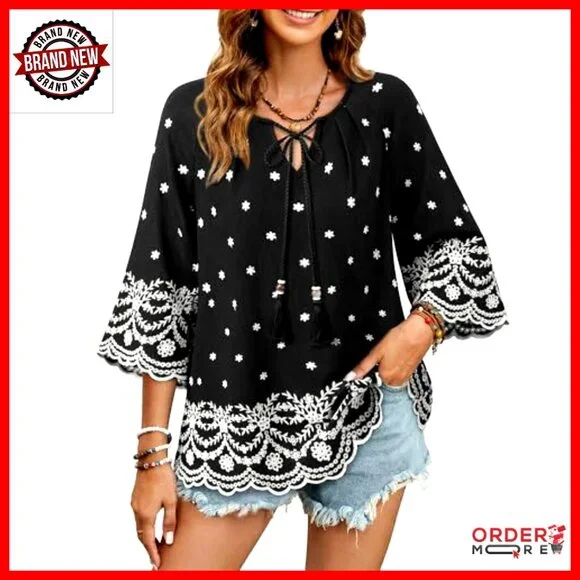 Boho Embroidered 3/4 Sleeve V-Neck Blouse, Loose Fit Tunic Top for Summer - Picture 2 of 7